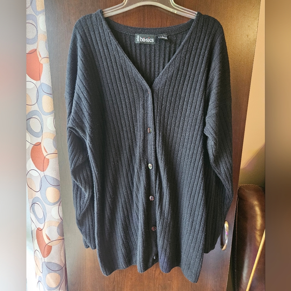 Stefano Basics Black Rib-Knit Button Cardigan Size Large